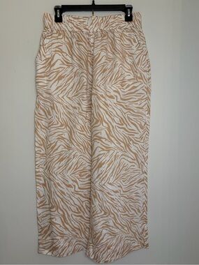 Nicole Miller 100% Linen Culottes Wide Leg Crop Pants Sz L Tan White Zebra Print
